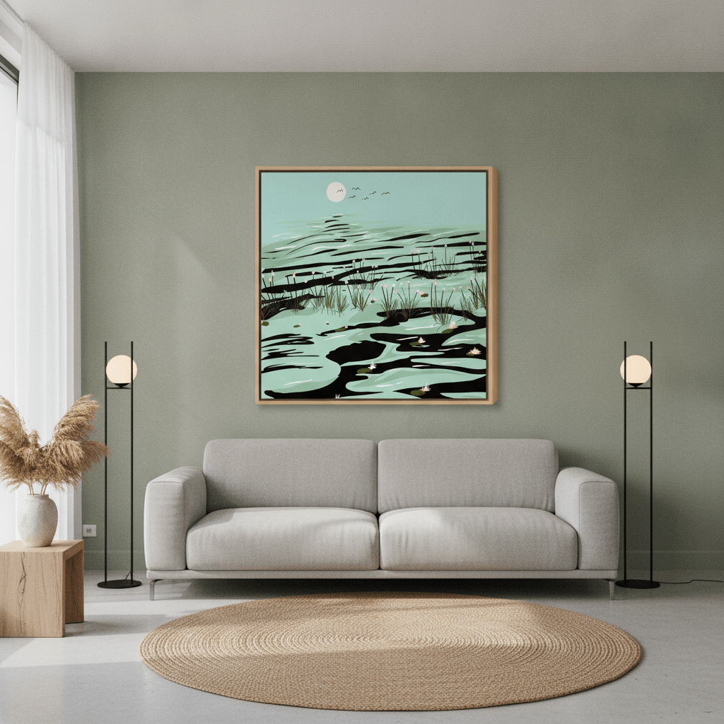 Oversized statement canvas wall art with a natural timber surround styled in a calm, light-filled bedroom