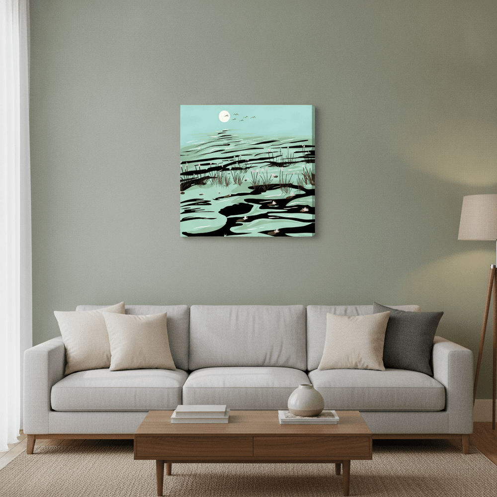 Stretched canvas wall art styled in a neutral living room