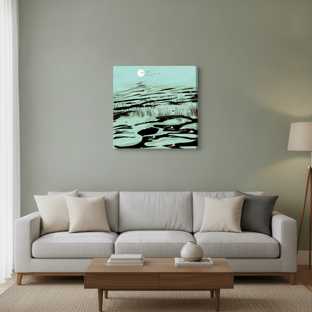 Stretched canvas wall art styled in a neutral living room