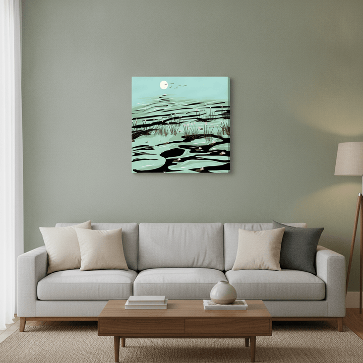 Stretched canvas wall art styled in a neutral living room