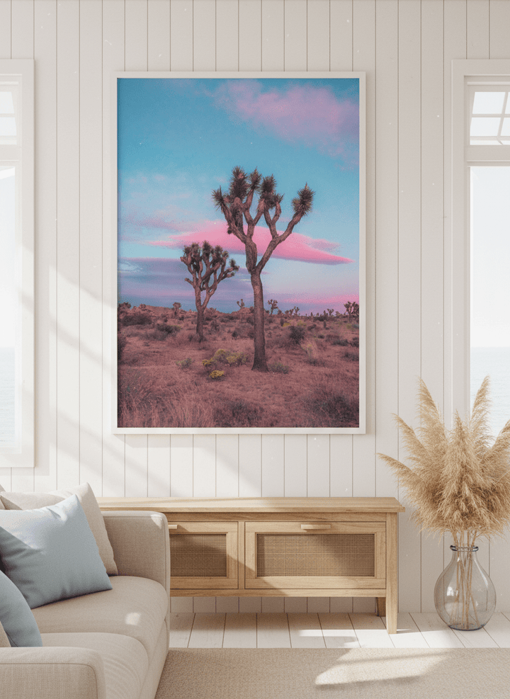 Neutral wall art displayed in a sunny coastal beach house
