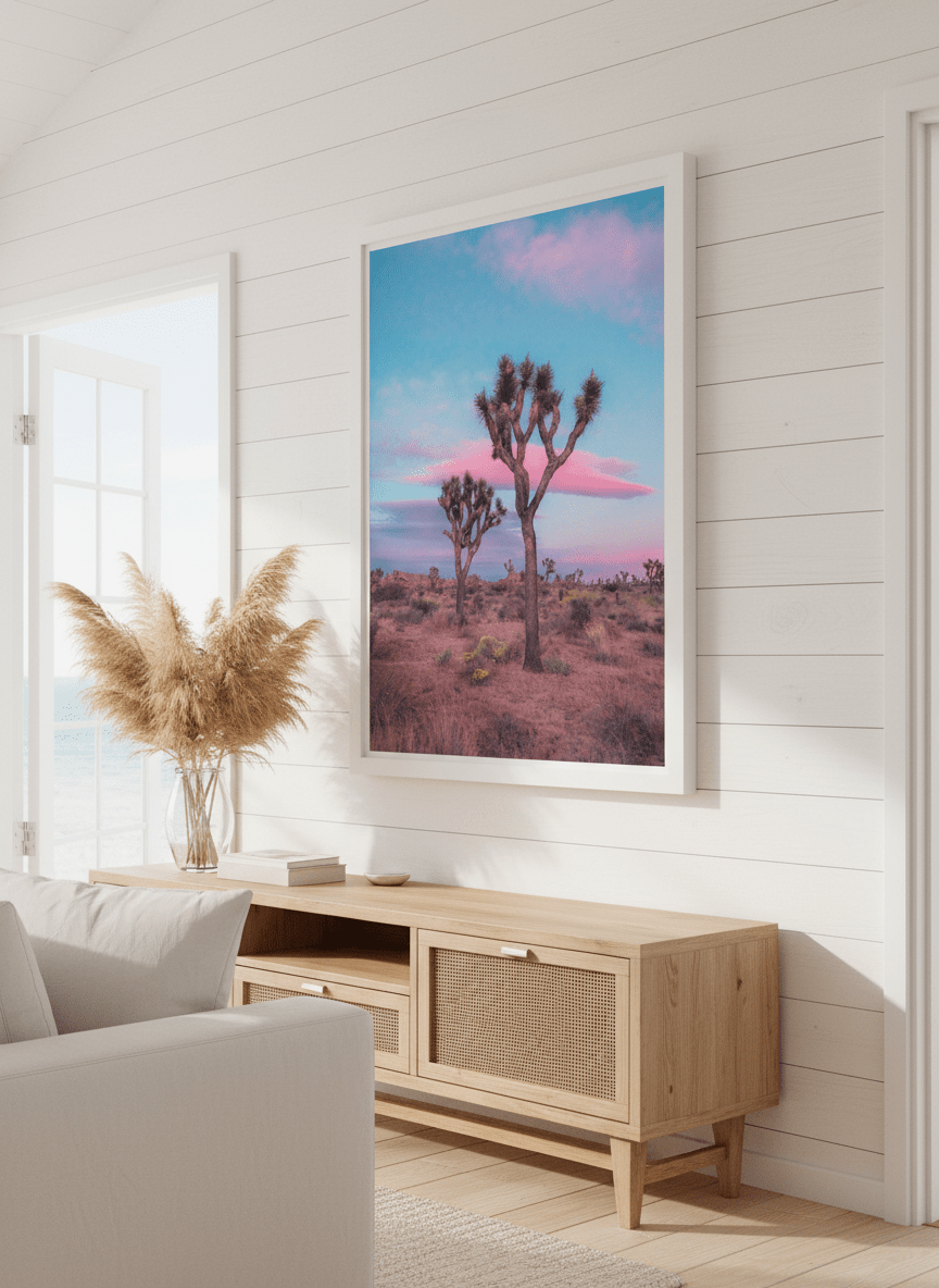 Neutral wall art displayed in a sunny coastal beach house