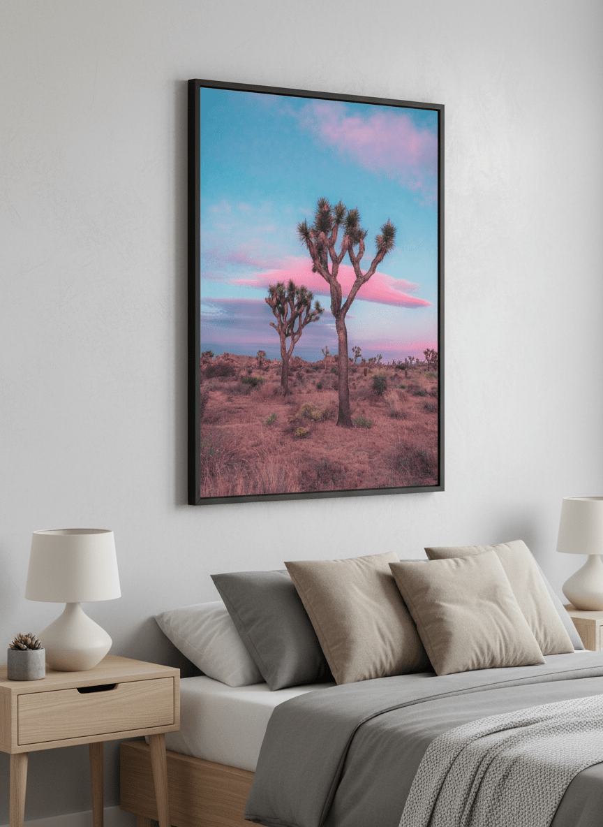 Minimalist artwork displayed in a calm, light-filled bedroom interior