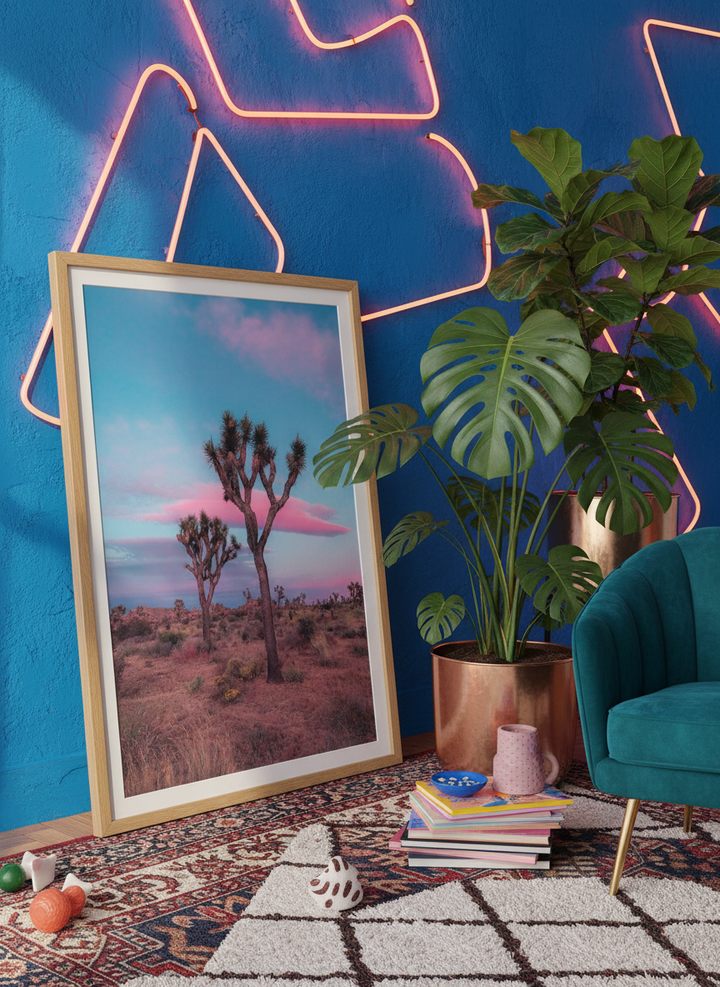 Bold wall art styled in a colourful, eclectic modern home