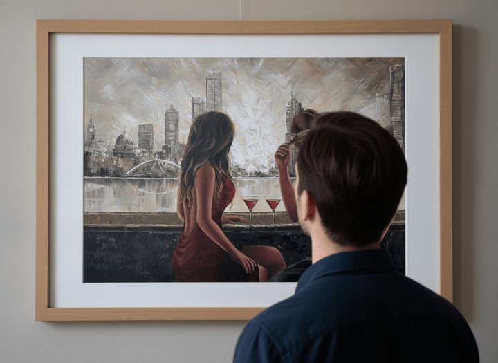 Person showcasing the artwork against a clean modern interior wall