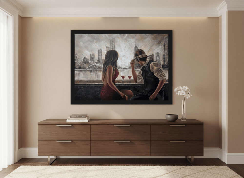 Monumental artwork centred on a feature wall in a luxe interior