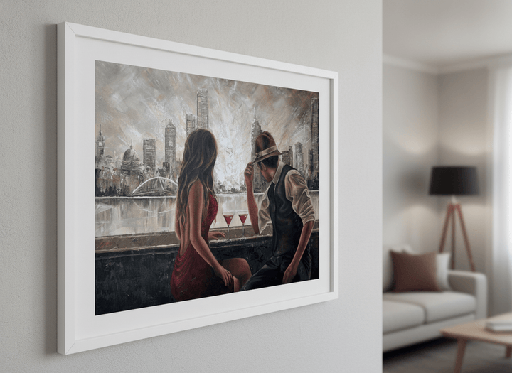 Modern wall art styled above a sofa in a neutral living room