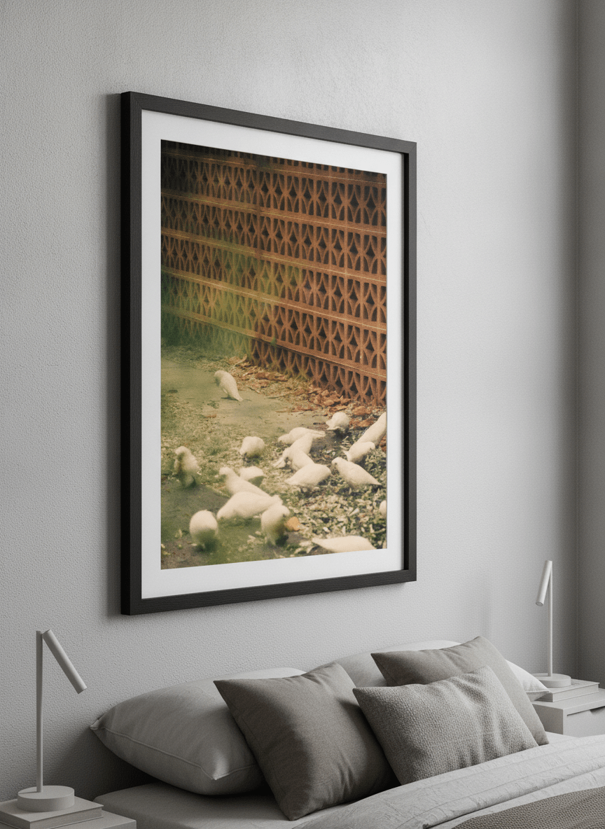 Minimalist artwork displayed in a calm, light-filled bedroom interior