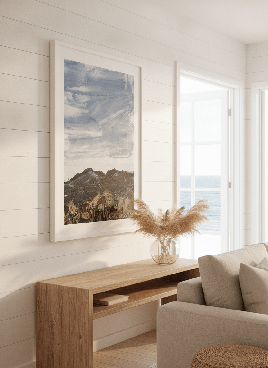 Neutral wall art displayed in a sunny coastal beach house