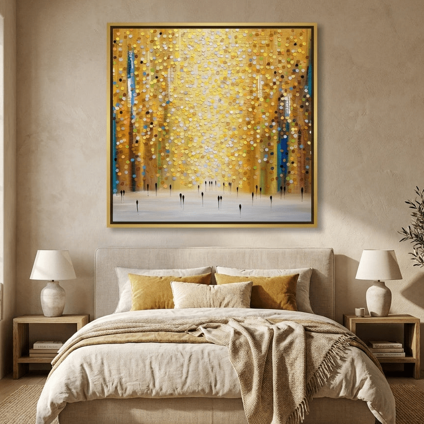Canvas wall art with a gold leaf surround styled in a calm, light-filled bedroom