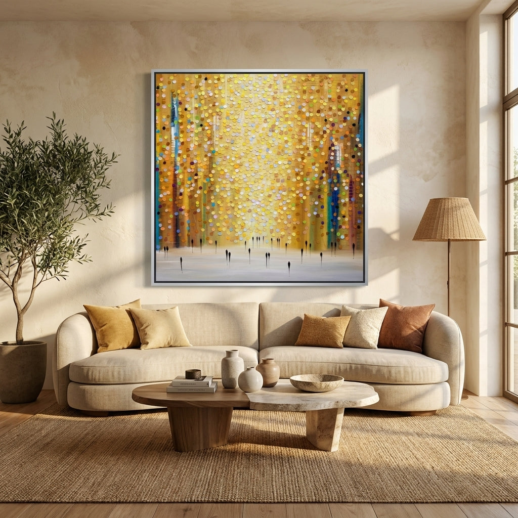 Oversized statement canvas wall art with a silver leaf surround styled in a neutral living room