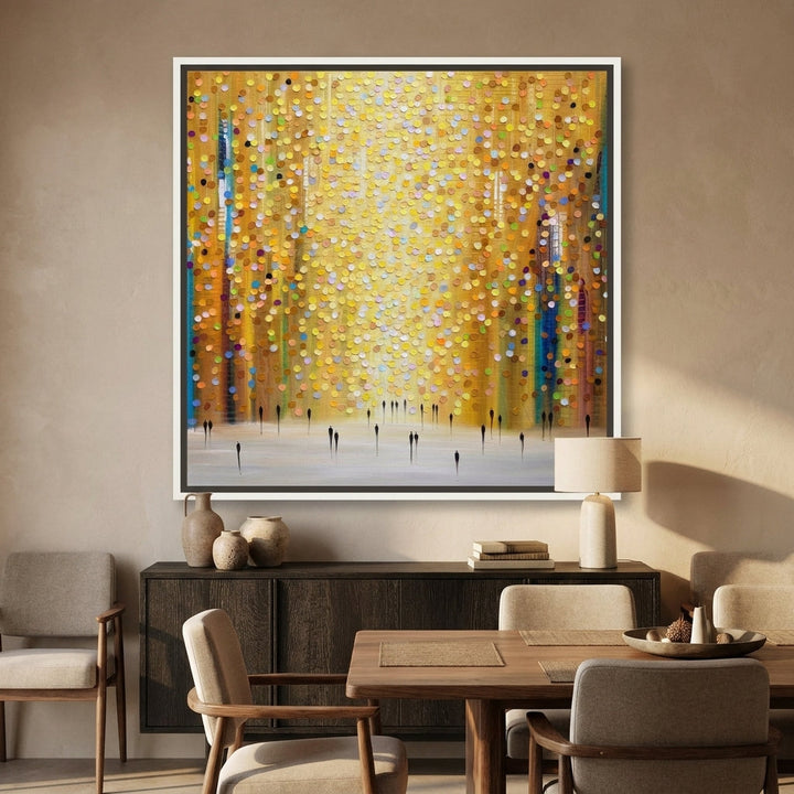 Canvas wall art with a white surround styled in a contemporary dining room