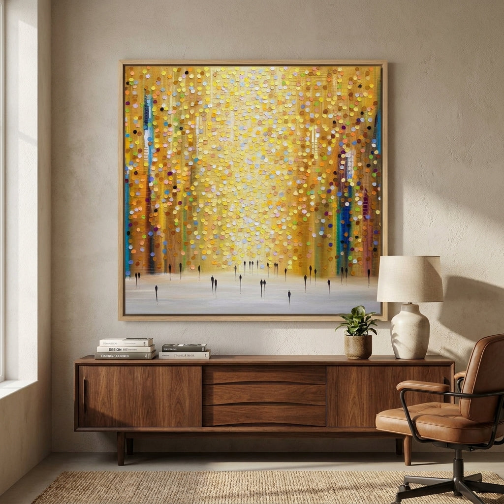 Canvas wall art with a natural timber surround styled in a bright modern office