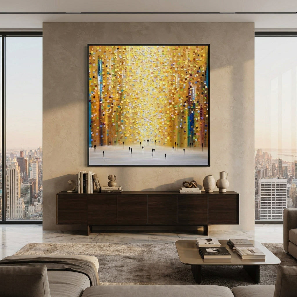 Oversized statement canvas wall art with a black surround styled in a luxe interior