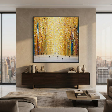 Oversized statement canvas wall art with a black surround styled in a luxe interior