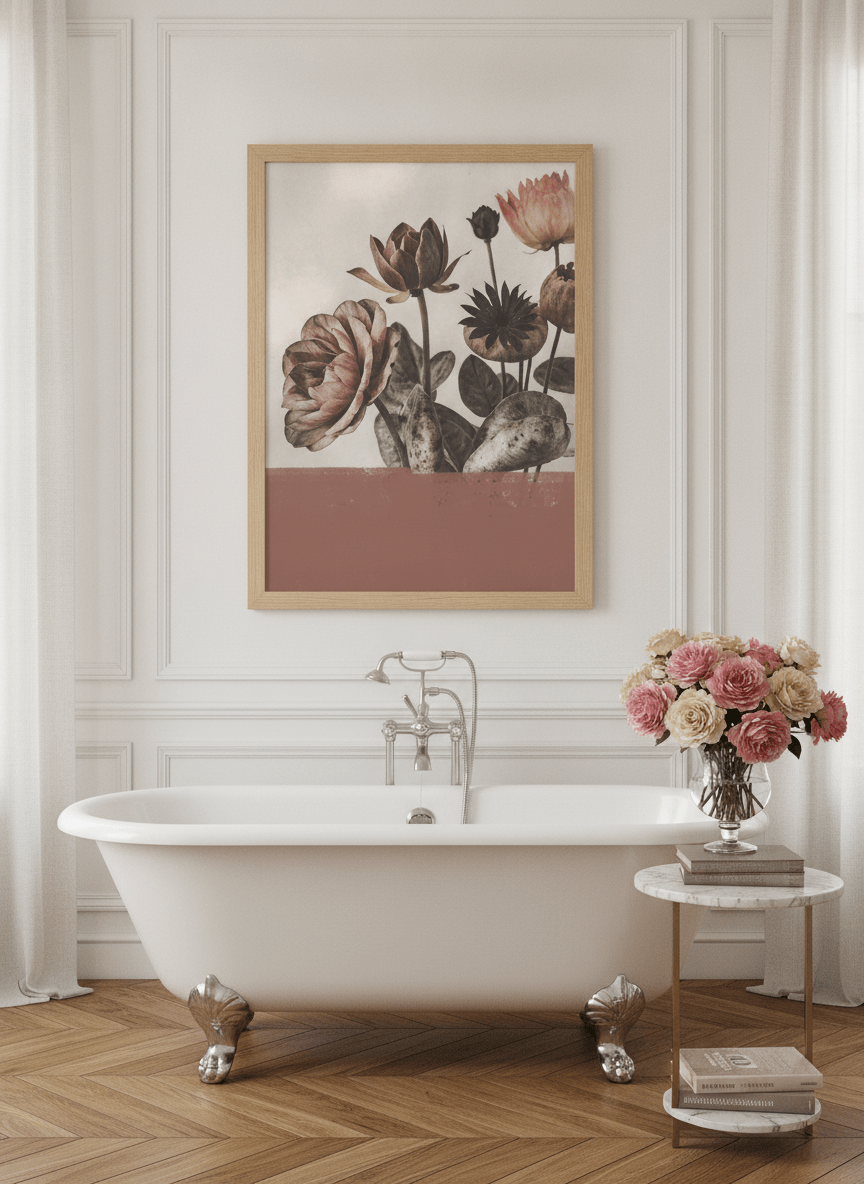 Modern wall art print styled on the wall in a Parisian bathroom