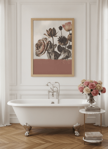 Modern wall art print styled on the wall in a Parisian bathroom