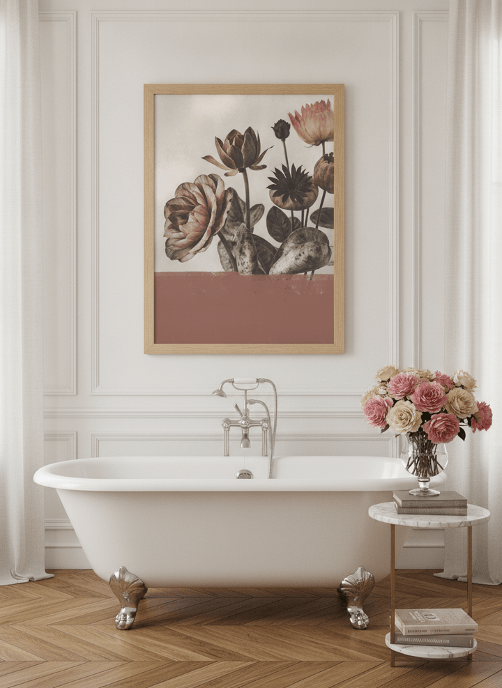 Modern wall art print styled on the wall in a Parisian bathroom