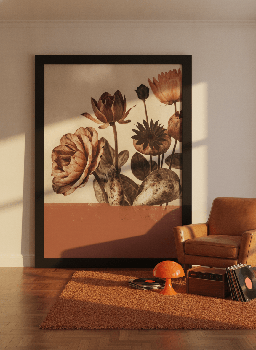 Oversized statement modern wall art print leaning against the wall in a retro 70s living room
