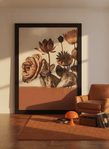 Oversized statement modern wall art print leaning against the wall in a retro 70s living room