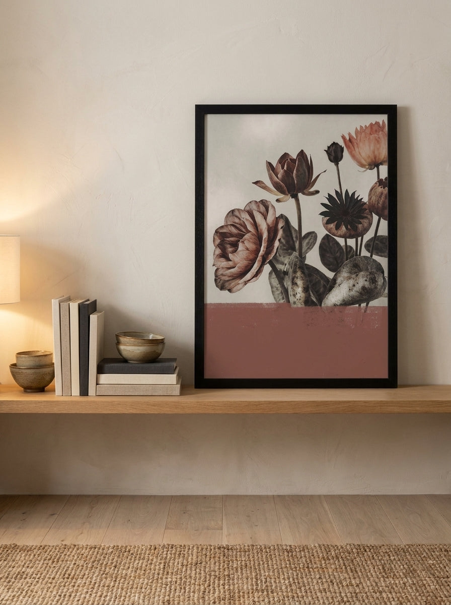 Modern wall art print standing on a shelf in a warm Japandi bedroom