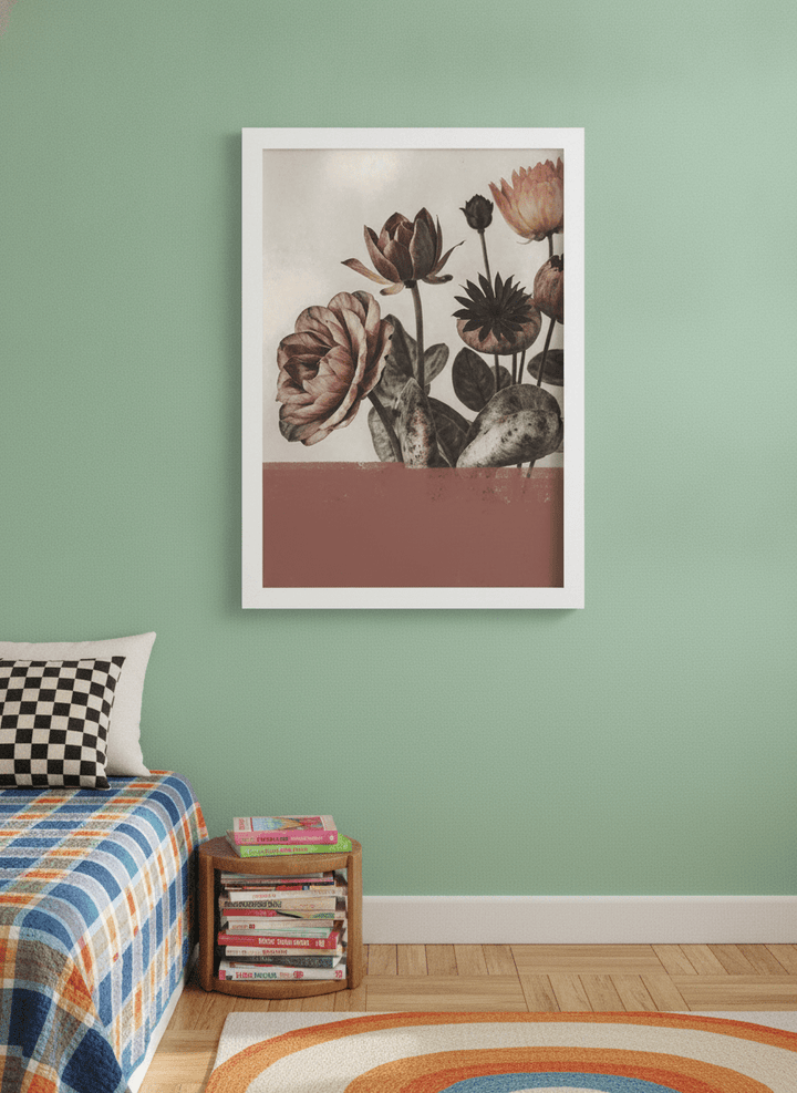 Modern wall art print styled on the wall in a colourful eclectic bedroom