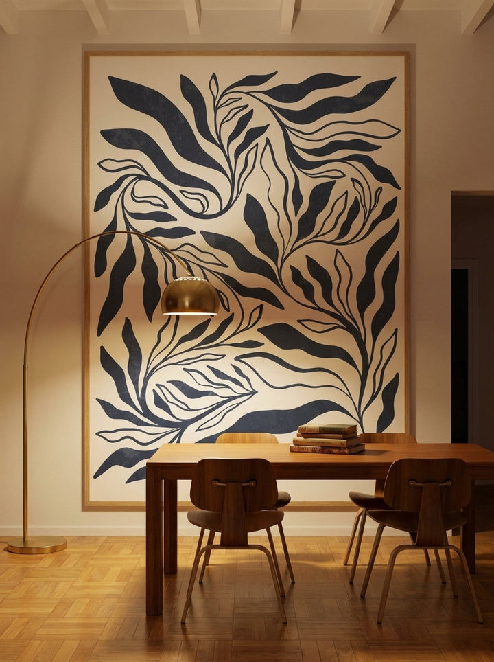 Oversized statement modern wall art print styled on the wall in a mid-century dining room