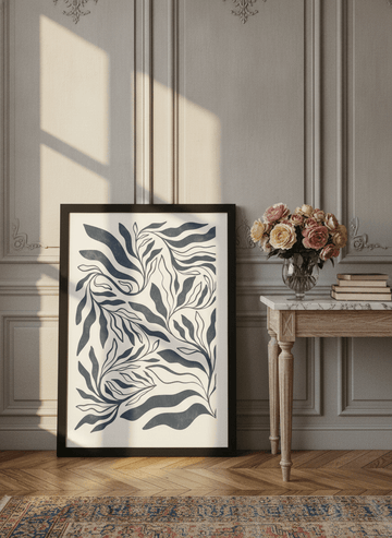 Modern wall art print standing on a console in a Parisian bathroom