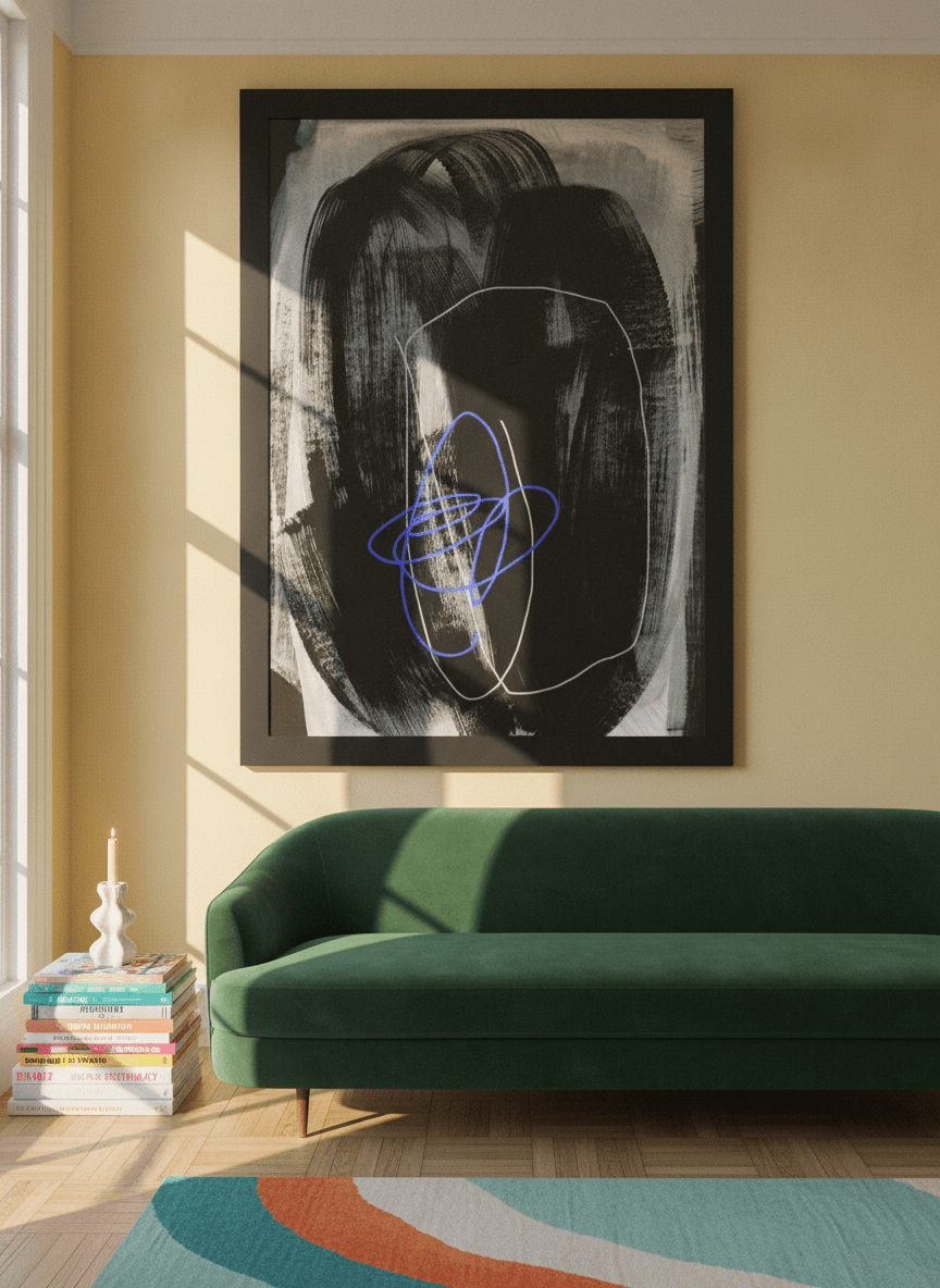 Oversized statement modern wall art print styled on the wall in a colourful eclectic living room