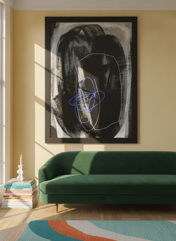 Oversized statement modern wall art print styled on the wall in a colourful eclectic living room