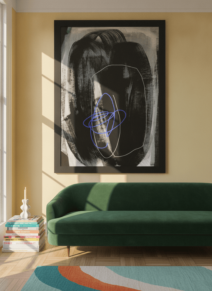 Oversized statement modern wall art print styled on the wall in a colourful eclectic living room