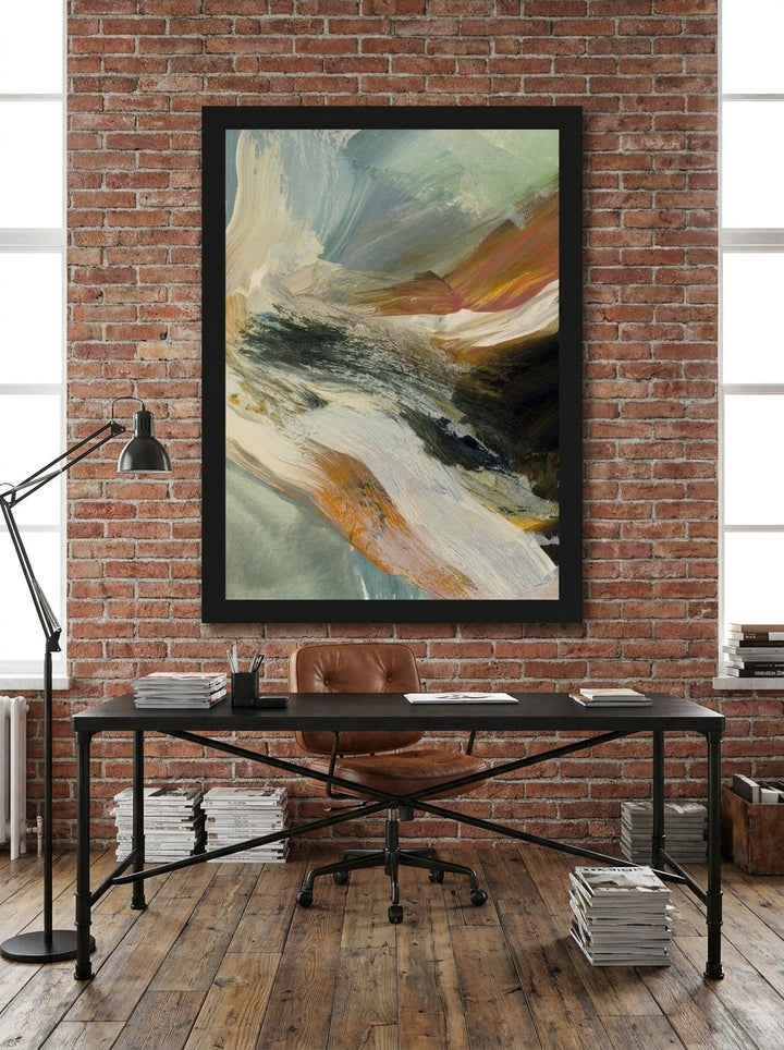 Modern wall art print styled on the wall in an industrial loft home office