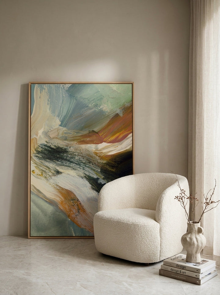 Oversized statement modern wall art print leaning against the wall in a luxe bedroom