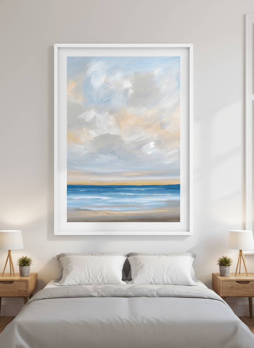 Minimalist artwork displayed in a calm, light-filled bedroom interior