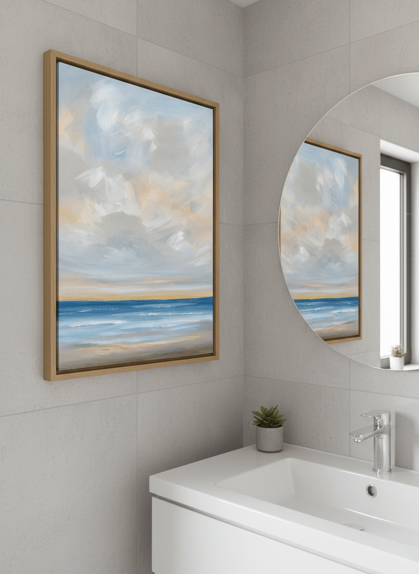 Modern print displayed in a clean minimalist bathroom setting