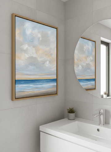 Modern print displayed in a clean minimalist bathroom setting