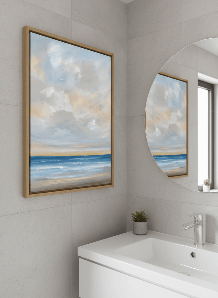 Modern print displayed in a clean minimalist bathroom setting