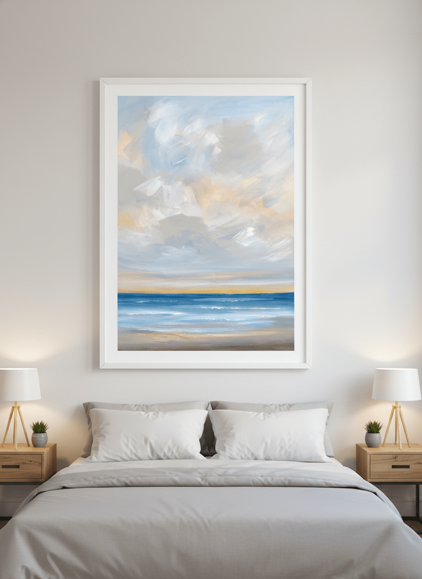 Minimalist artwork displayed in a calm, light-filled bedroom interior