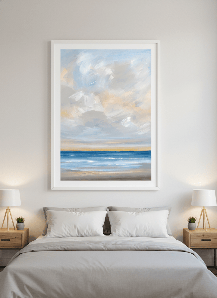 Minimalist artwork displayed in a calm, light-filled bedroom interior