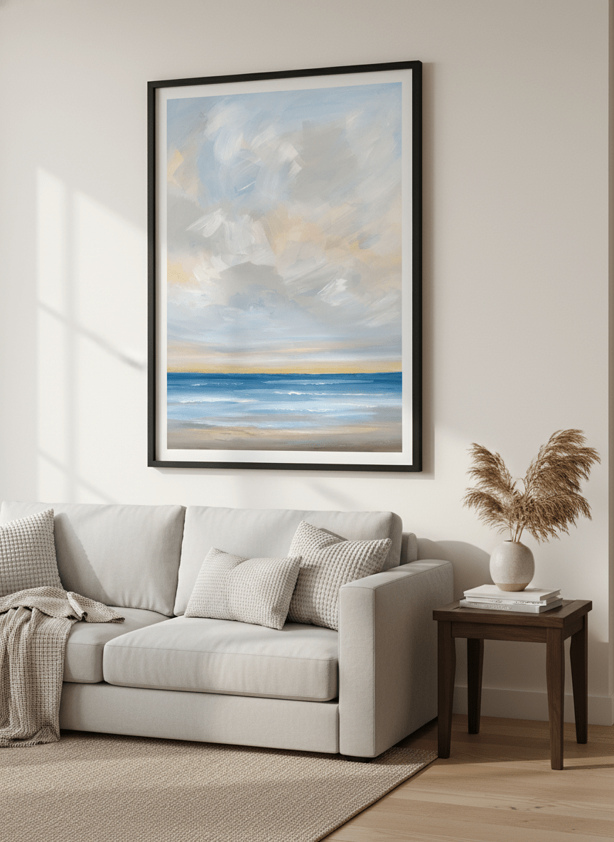 Modern wall art styled above a sofa in a neutral living room