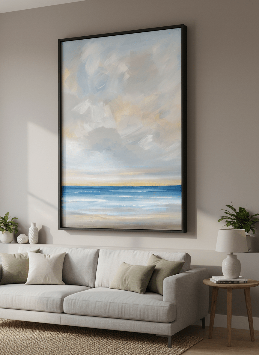 Modern wall art styled above a sofa in a neutral living room