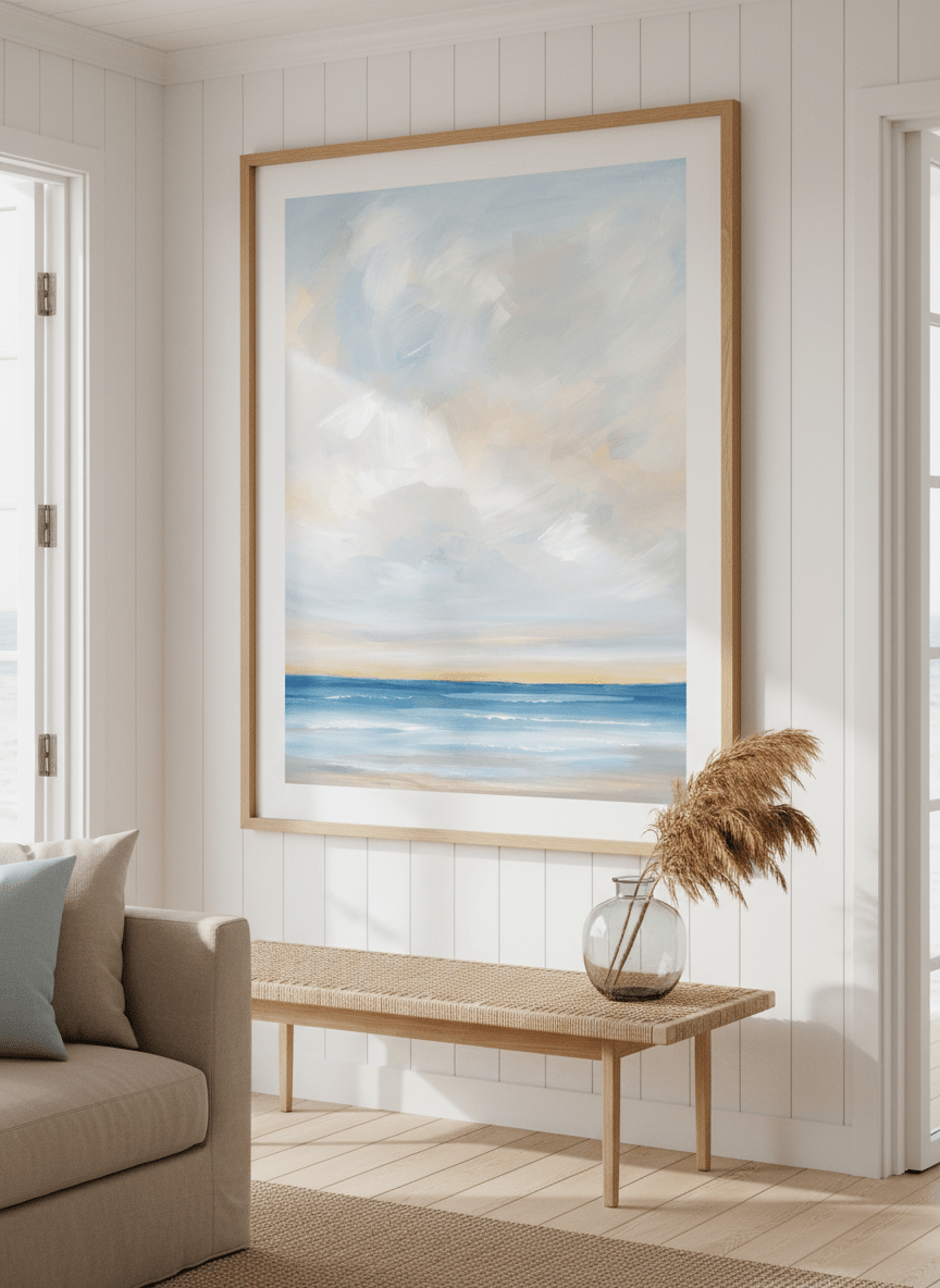 Neutral wall art displayed in a sunny coastal beach house