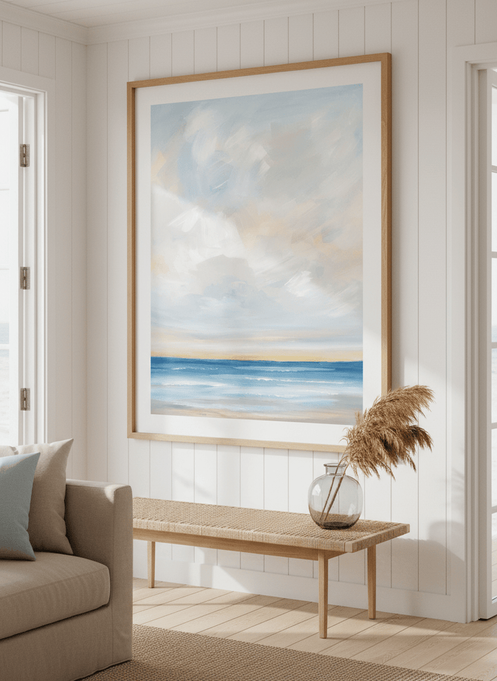 Neutral wall art displayed in a sunny coastal beach house