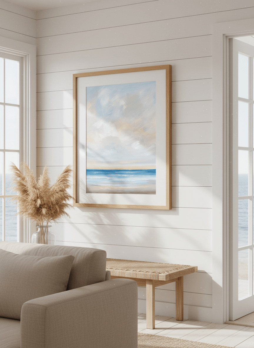 Neutral wall art displayed in a sunny coastal beach house