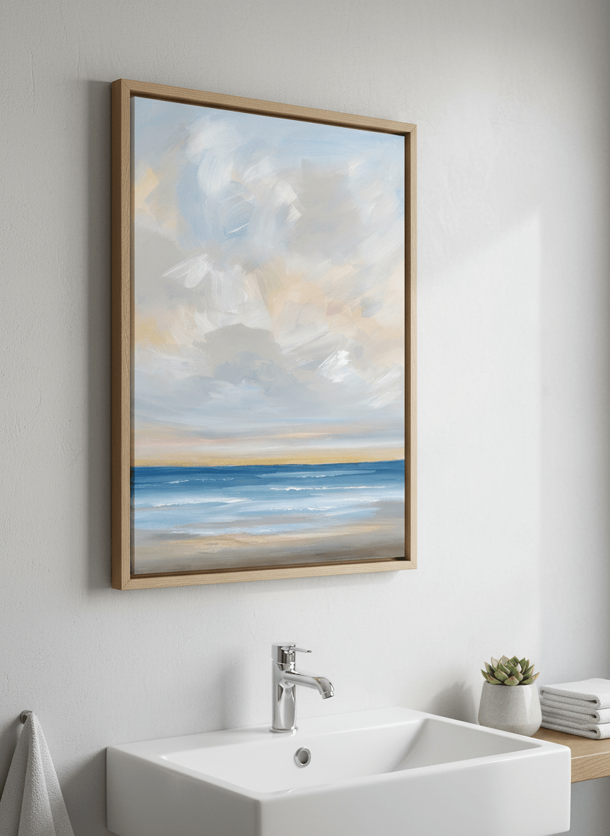 Modern print displayed in a clean minimalist bathroom setting