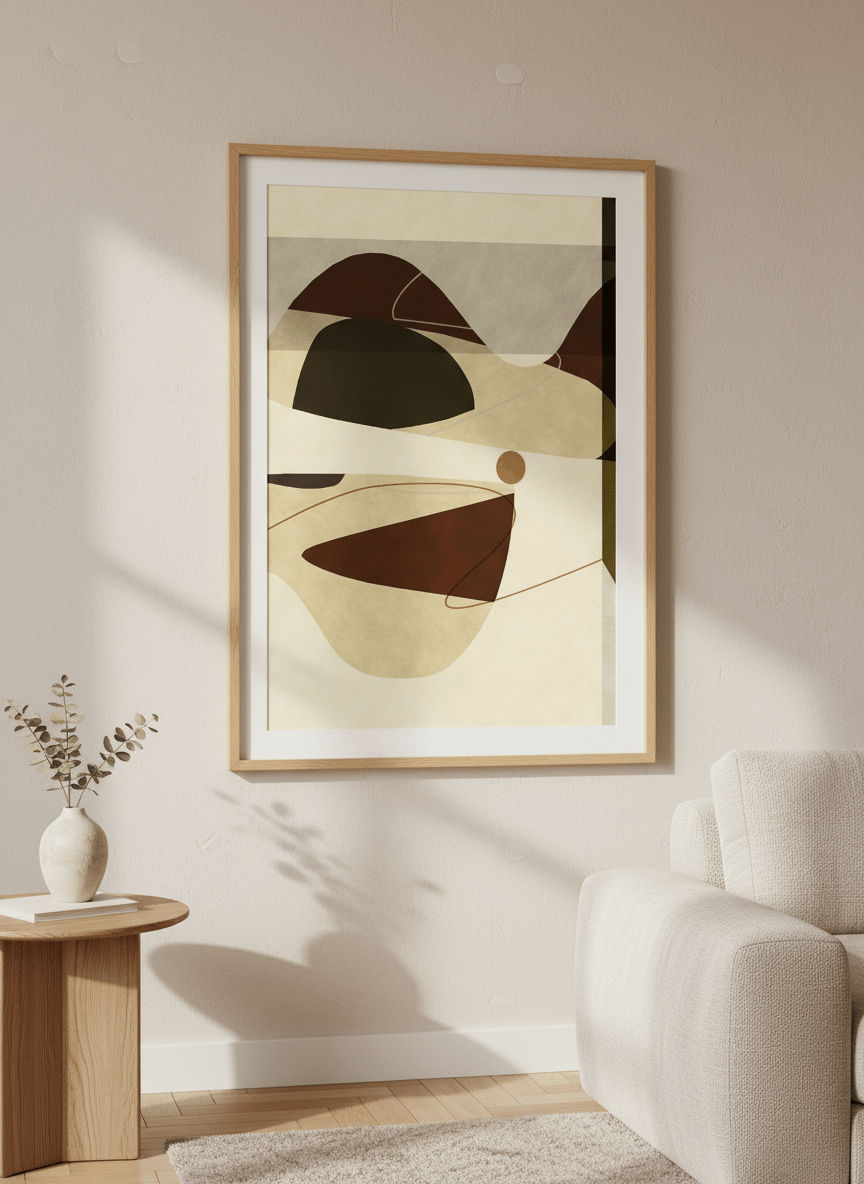Modern wall art styled above a sofa in a neutral living room