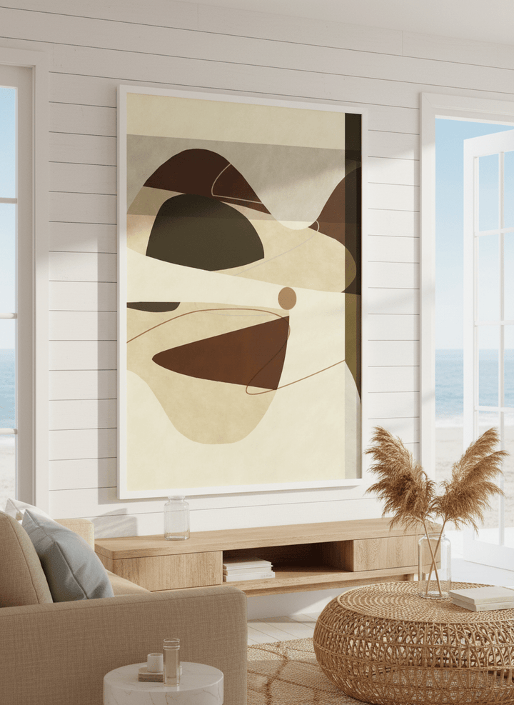 Neutral wall art displayed in a sunny coastal beach house