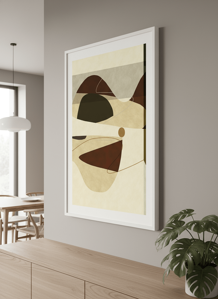 Wall art styled above a dining table in a contemporary home
