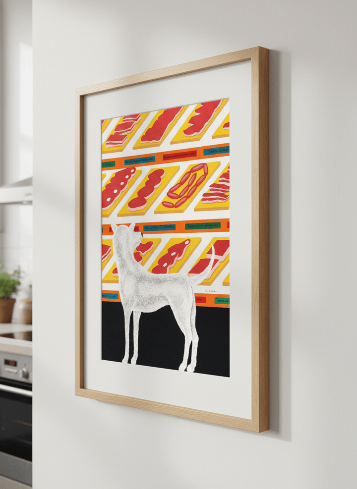 Artwork styled on the wall of a bright modern kitchen