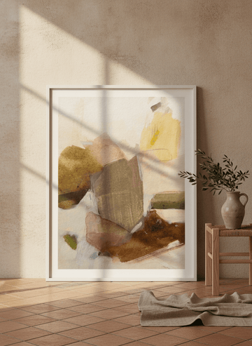 Modern wall art print leaning against the wall in a Mediterranean home office